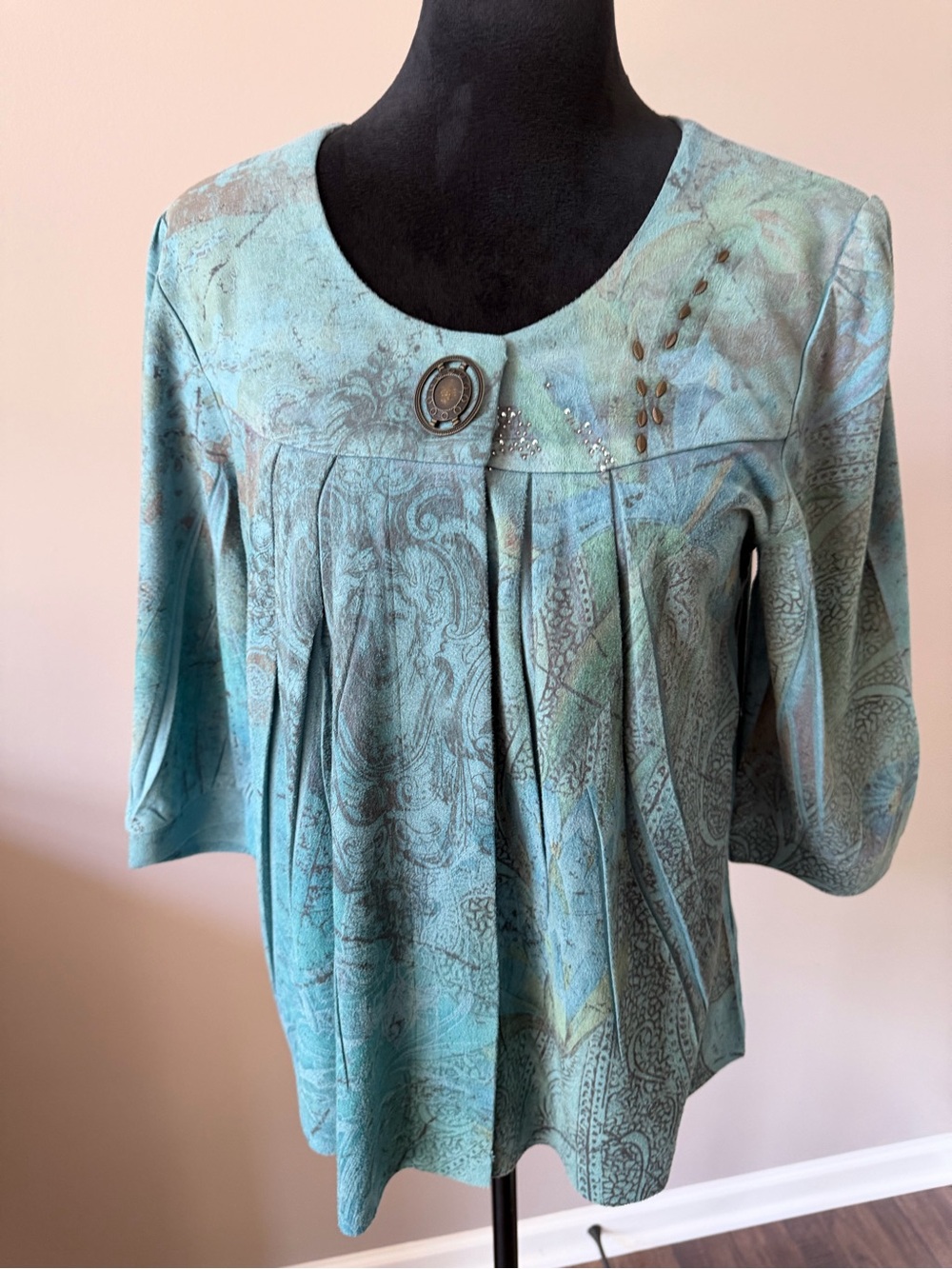 Light Teal Paisley Pleated Women’s Top